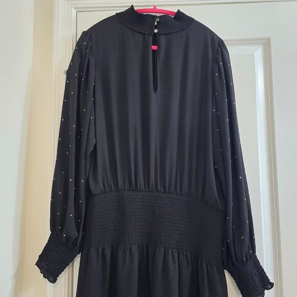 White House Black Market Long Sleeve Smocked Blouson Dress - Black W Rhinestones - Picture 6 of 10